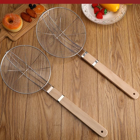 Kitchen long wooden handle stainless steel colander hot pot scoop spoon dumplings fried chicken nuggets strainer to filter oil r
