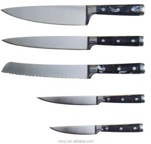 luxury design 5pcs stainless steel knife set with natural rubber wood block magnetic inside