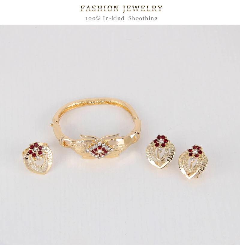 Luxury Drop Rhinestone Crystal Necklace Earring Ring Bracelet Set Flower Elegant Bridal Wedding Jewelry Set Gold Plated Jewelry