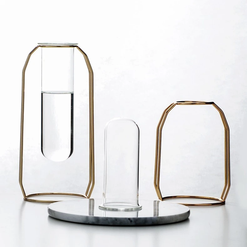 Minimalism Style Crystal Glass Tube Flower Vase in Rose Gold Metal Holder for home Decor Hotel Decor