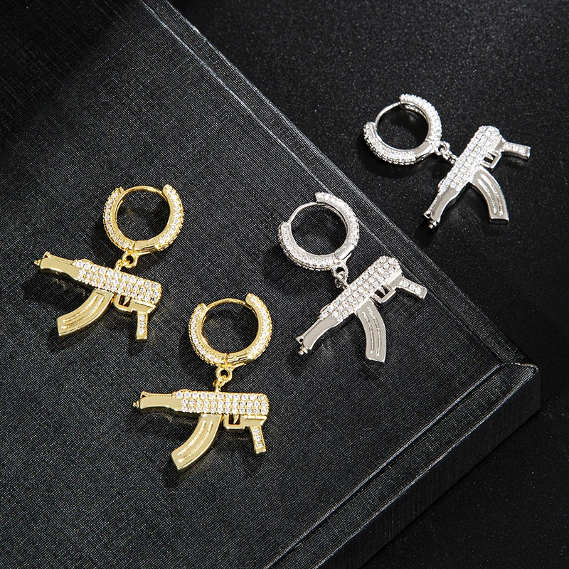 MJ Jewelry Hip Hop CZ Gold Mens Gun Earring Set