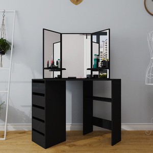 Modern Corner Dressing Table With 5 Drawers &amp; Stool--Makeup, Dresser, Mirror white and black