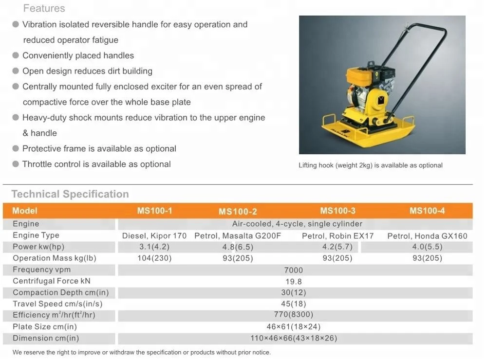 MS100 forward vibratory compact plate compactor with Honda engine