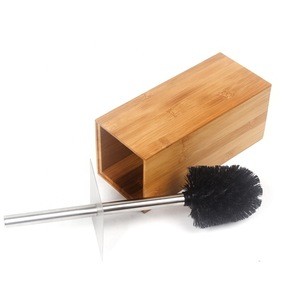 Natural Bamboo Cleaning Bathroom Toilet Brush Holder With Stainless Steel Handle
