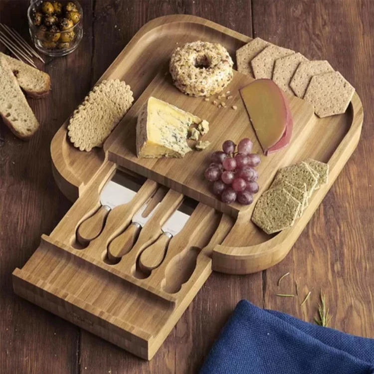 New Eco-friendly Products 13.6 Inches Meat Platter Wooden Serving Bamboo Cheese Board with Knife Set