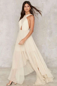 New halter design backless ivory pleating chiffon long prom dress
