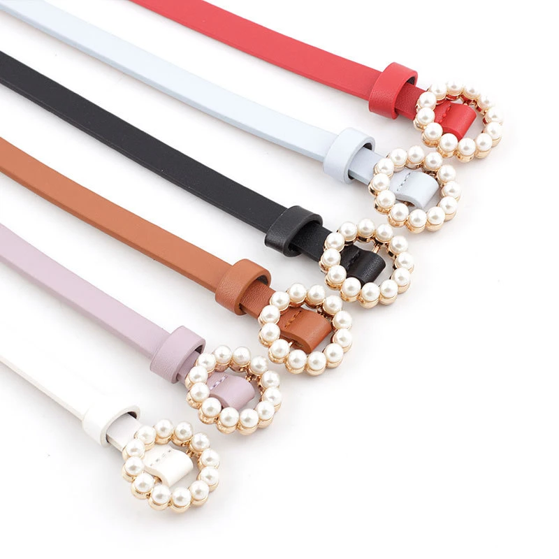 New Style Fashion All-match Pin Buckle Leather Belt Ladies Pearl Buckle Belt Women Thin Belt 7 Colors