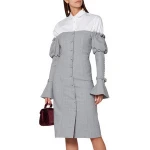 Off the shoulder neckline Long puffed bell sleeves Wool Puff-Sleeve Dress with D-ring belt at slit cuffs YLDR219A