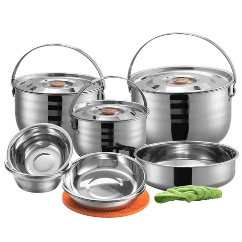 Outdoor Camping And Mountaineering Cooking Pot Set Stainless SteelMultifunctional 8-Person Picnic Set Stainless Steel Pot