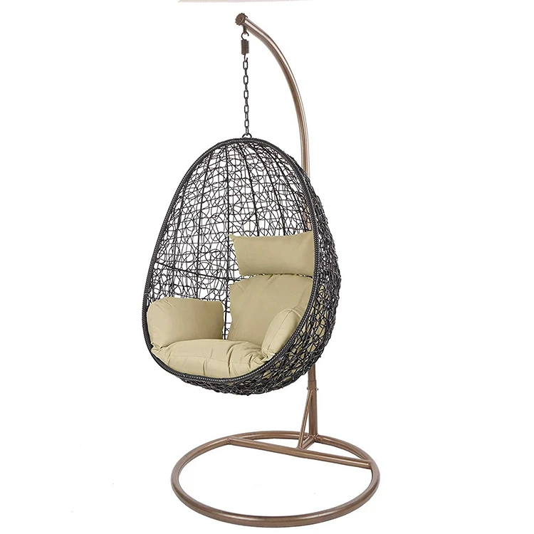Patio Grey Swinging Rattan Wicker Outdoor Furniture Egg Swing Chair with Cushions in Black