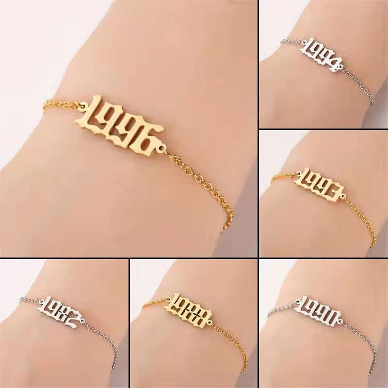 Personalized Gold Old English Numbers Date Anklets