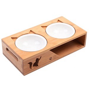 Pet Bowls with Bamboo Stand Pet Dinning Table Pet Feeder with Raised adjustable Bamboo Stand