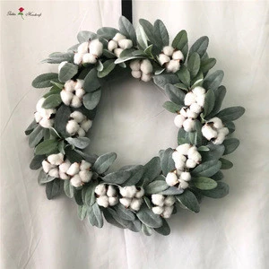 QSLHC-AF1147 New Design Door Decorative Green Flower Wreath Lambs Ears Wreath with Cotton