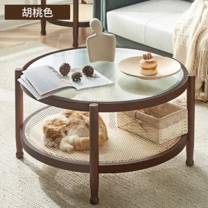 Rattan Round Coffee Table Home Furniture Wood and Glass Modern Simple with Teak Solid Living Room Furniture Transparent Glass