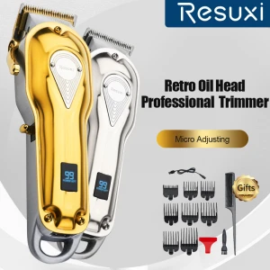 Resuxi all metal cordless hair clippers gold electric hair clippers usb rechargeable adjustable lcd display clipper hair