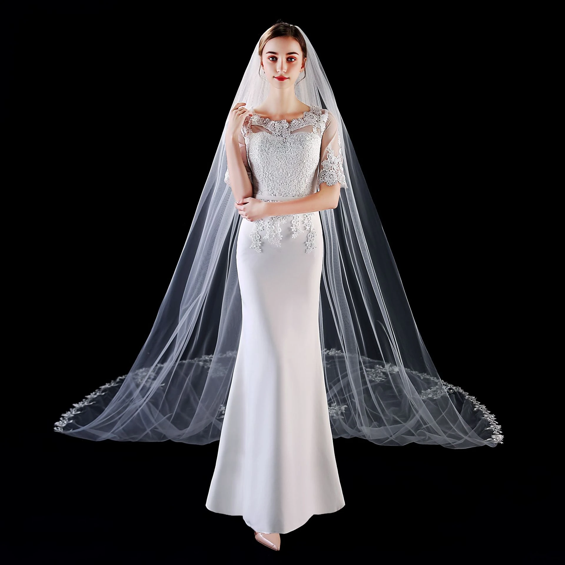 ROMANTIC Bride Sequined Long Veils Bridal Veil with Comb Mantilla Hair Accessories for Wedding