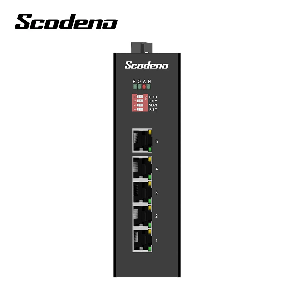 Scodeno New Din-rail IP40 1000Mbps 5 PoE Port Industrial Ethernet Switch with DIP