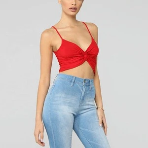 Sexy red spaghetti strap v-neck twist knot short front camisole for women