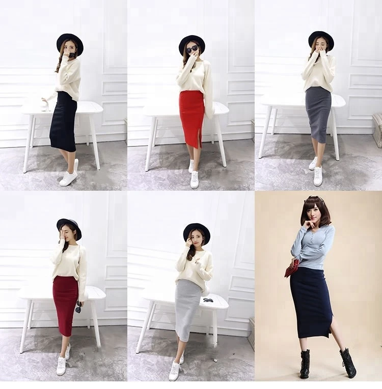Solid Pencil Skirt Stretch Slim Thin Women Skirts HotSpring Autumn And Winter Female Bodycon Long Skirts