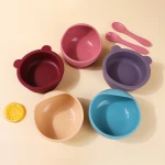 Spill Proof Cute Cartoon Bear Toddler Dinner Bowl Silicone Baby Suction Feeding Bowl with Spoon