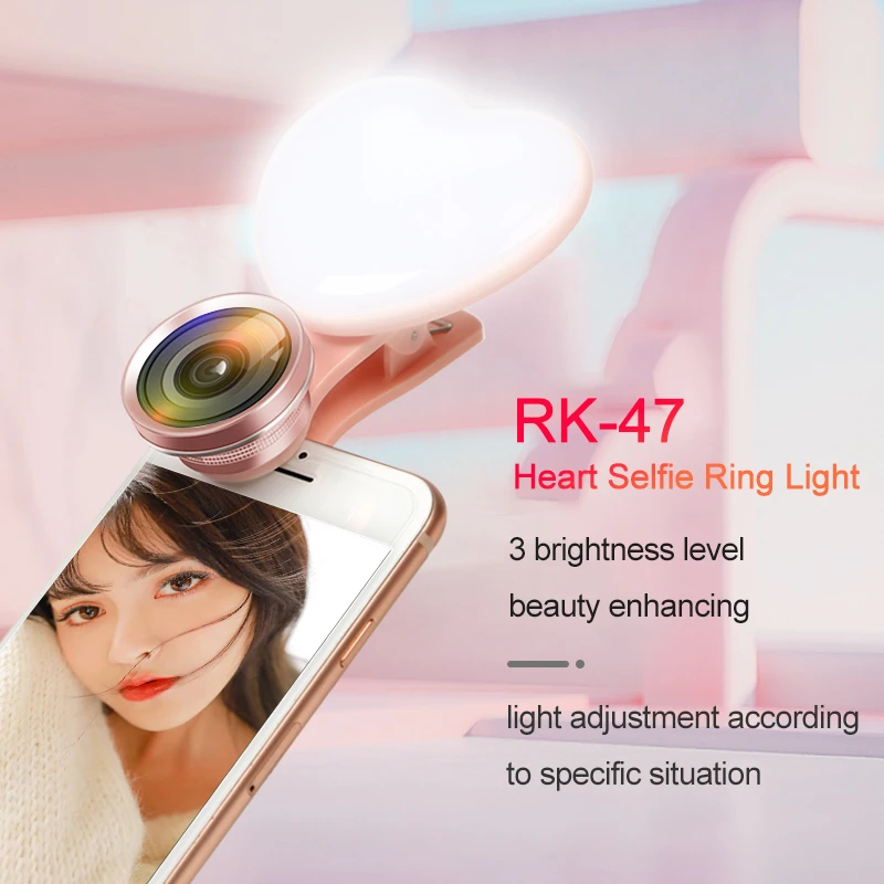 USB Rechargeable portable 9 level brightness heart LED selfie ring light with fisheye/macro/wide angle lens clips for Cell Phone