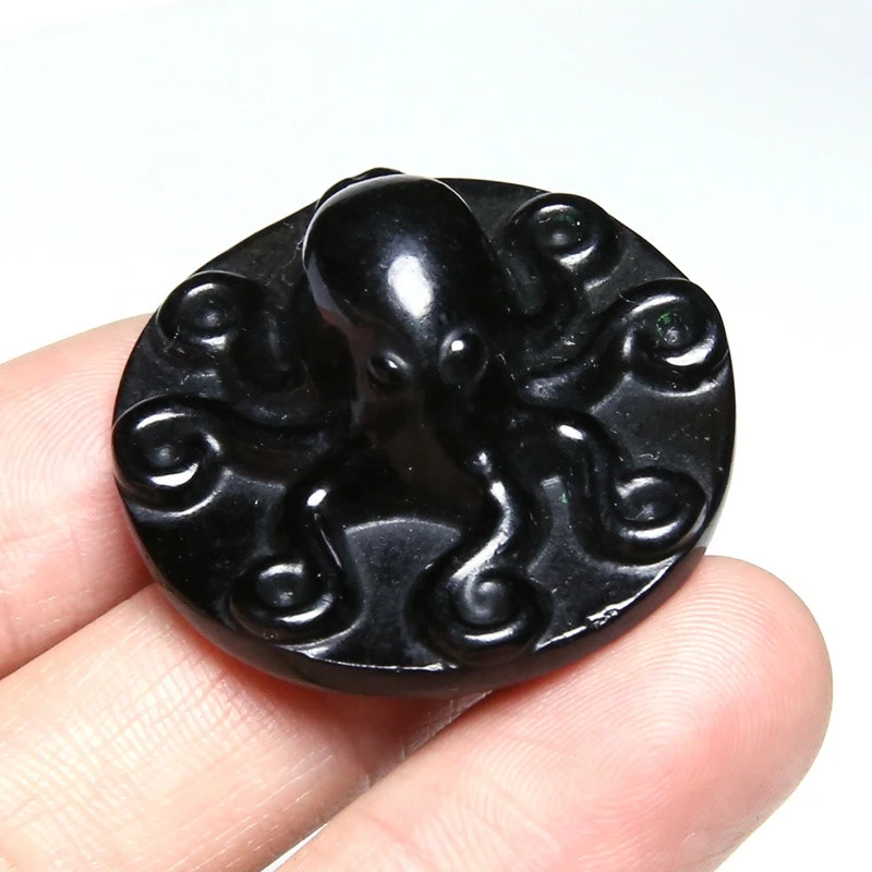Wholesale natural colored fluorite and black obsidian crafts crystal Engraving octopus animal figurines