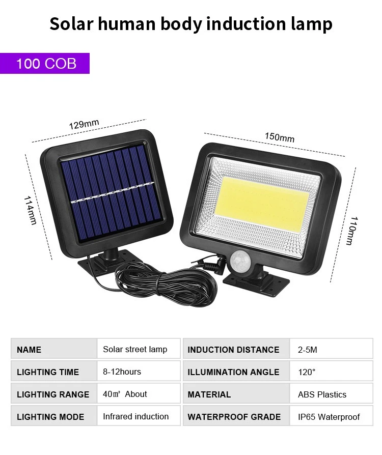 Wired Solar Sensor Flood Light Outdoor COB Split Motion Sensor Wall Light IP65 Waterproof Solar Power Lamp With Adjustable Panel