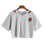 women short sleeve crop top summer  tshirt girl rose embroidery hollow out t shirt