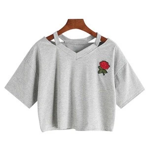 Women Short Sleeve Crop Top Summer Sexy Tshirt Girl Rose Embroidery Hollow Out T shirt
