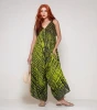 Womens Green Casual Bohemian V-Neck Halter Jumpsuit High Waist Short One Piece Dress Attractive Tie-Die Spaghetti Strap Rompers