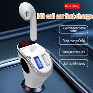 New innovation dual usb car phone charger with tws earphone headset in-ear earbuds