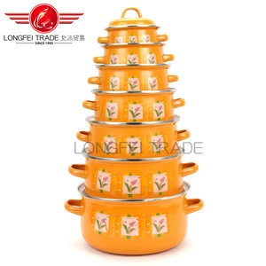 12Pcs Orange Color Enamel Pans Sets Cookware Sets
