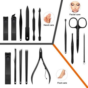 15 in 1 PU leather bag 15pcs Stainless steel Nail Scissors Tweezer Clippers Nail Art Cutter black Pedicure Manicure Tool Set/Kit