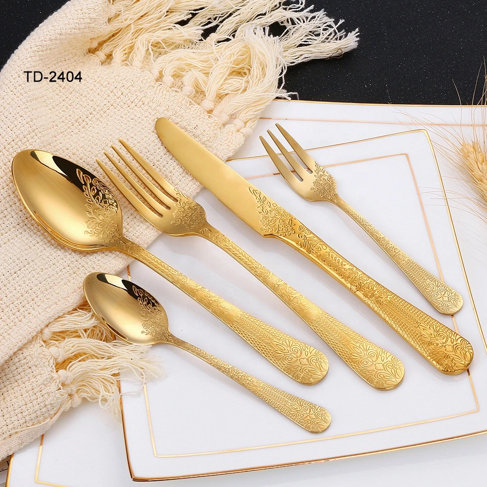 16/20/24pcs Luxury Gold Cutlery Set Surface Engraving Pattern Stainless Steel Gold Cutlery Set OEM/ODM