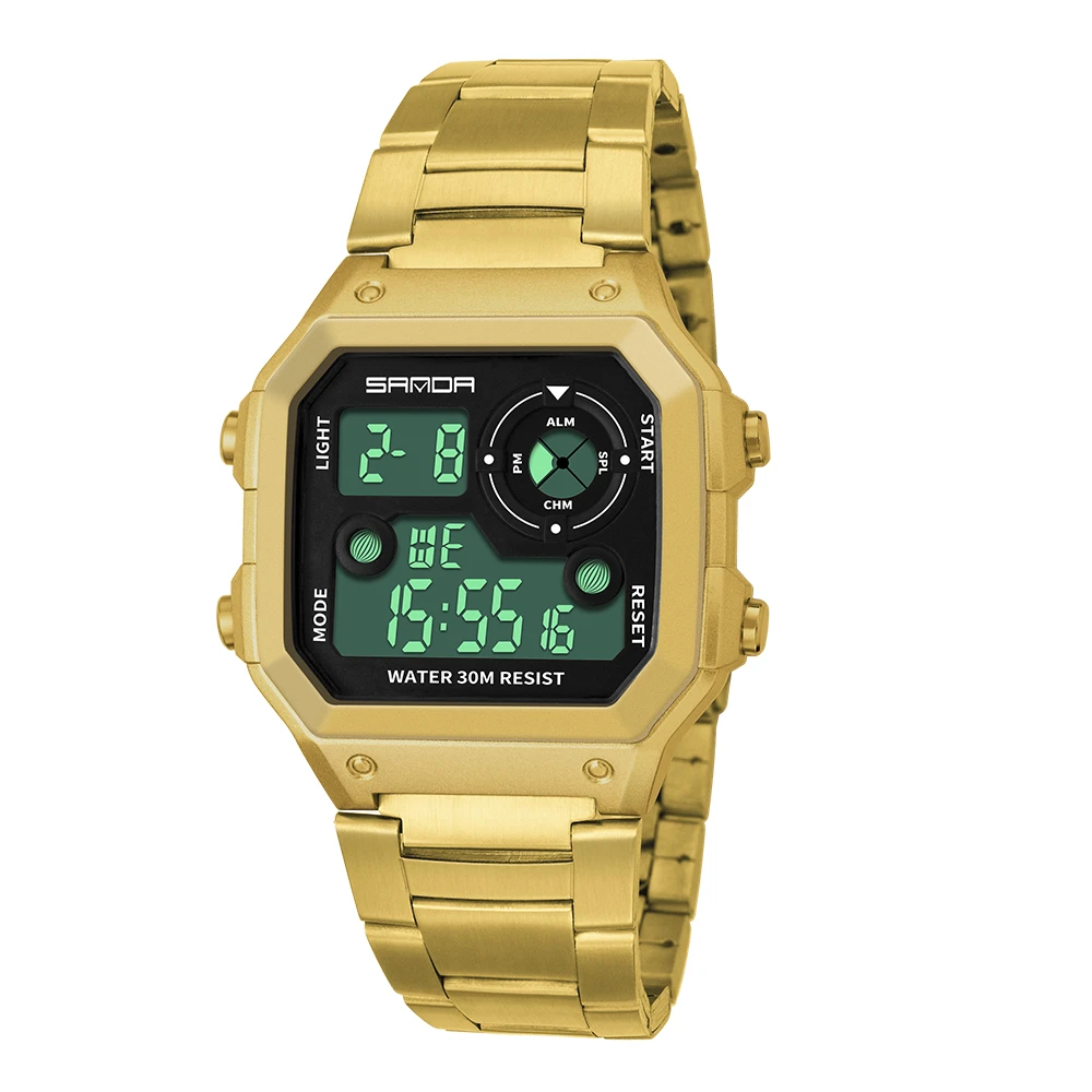 2018 SANDA Mens Sports Watches  Electronic LED Digital watch Men Steel Band 30m Waterproof Wrist watch Relogio Masculino