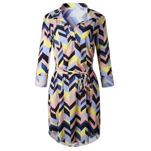 2019 round neck color strip lady dress long sleeve printed sexy striped  dress for women