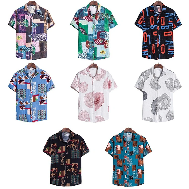 2020 Summer Plus size Men Button Up Printed Floral Hawaiian Beach Short Sleeve Shirt