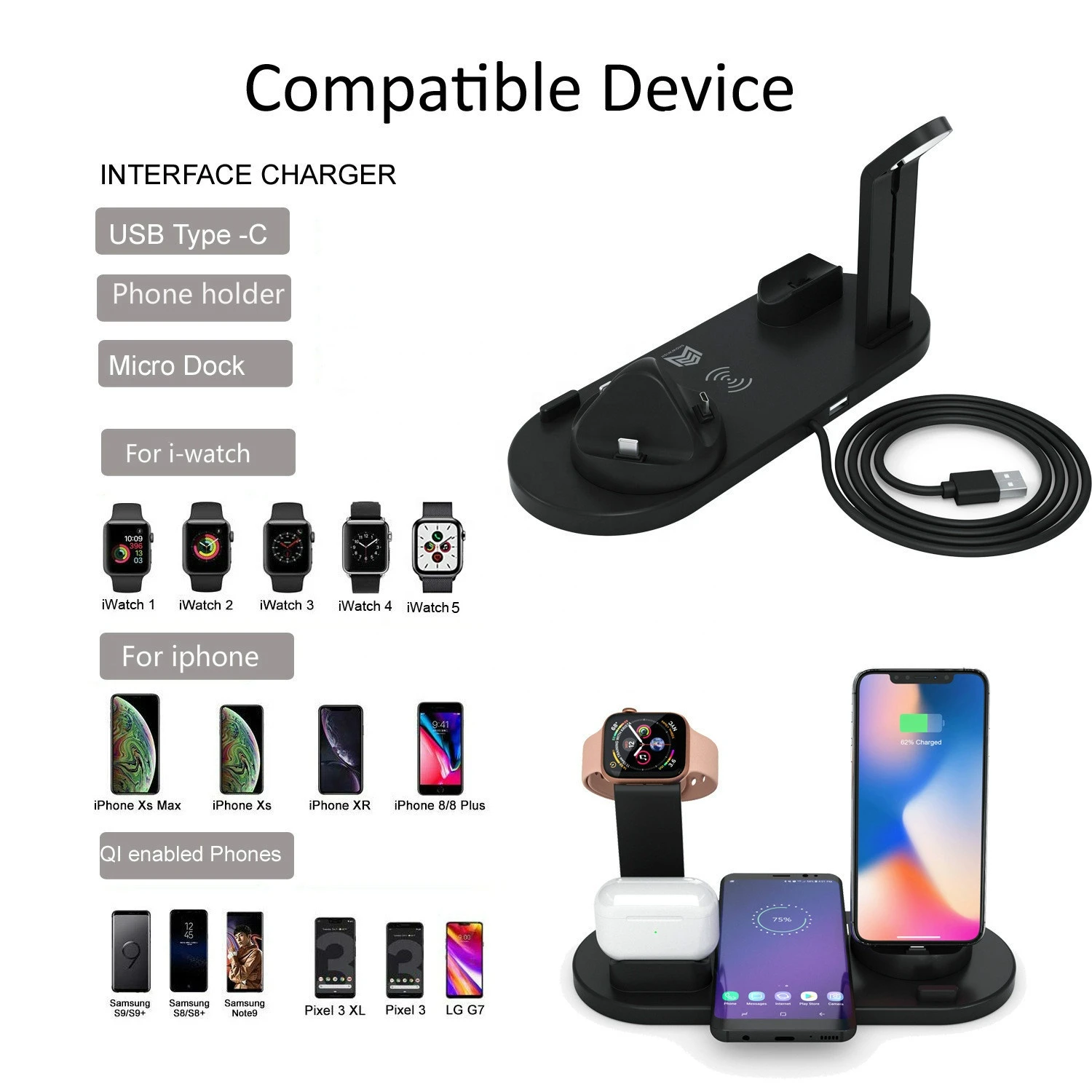 2021 new arrivals 3 in1 qi wireless charger dock cargador inalambrico