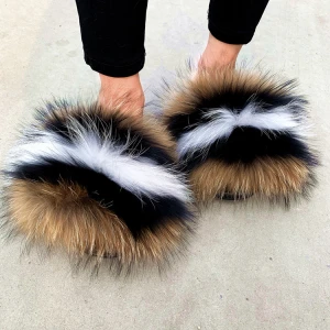 2021wholesale real fluffy big raccoon fur slides women fur slippers