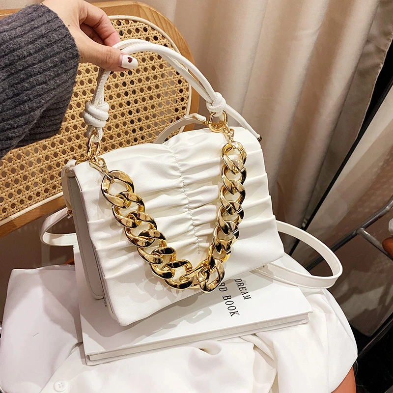 2022 wholesale pleated pu leather designer female bags women hand bag ladies shoulder luxury purse and handbag with big chain