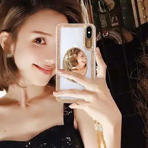 Amazon ebay hot sell diamond mirror lanyard sticking phone case for iPhone 11 sparkle cute cover for iphone x case luxury