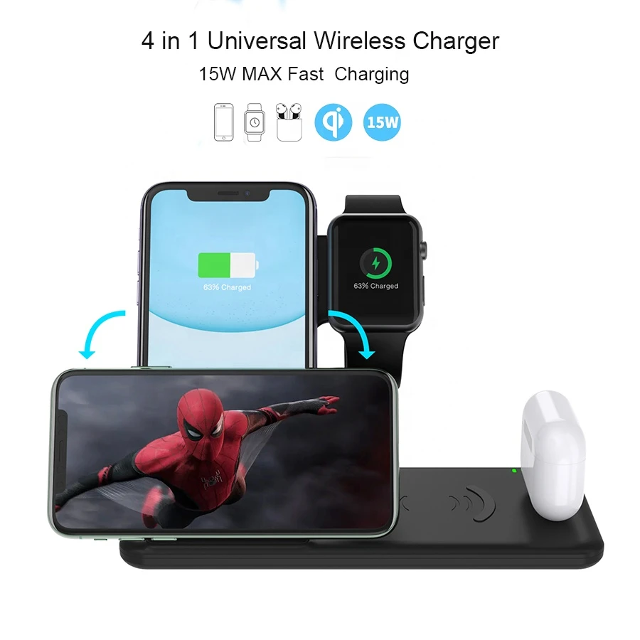 Amazon Hot Selling Qi 4 in 1Wireless Charger 15W Fast Charging Mobile Cell Phone Chargers For iPhone
