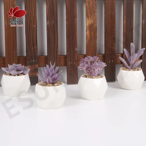 Artificial Succulents Plants Sets,white Geometric Ceramic Pot ES1258-13