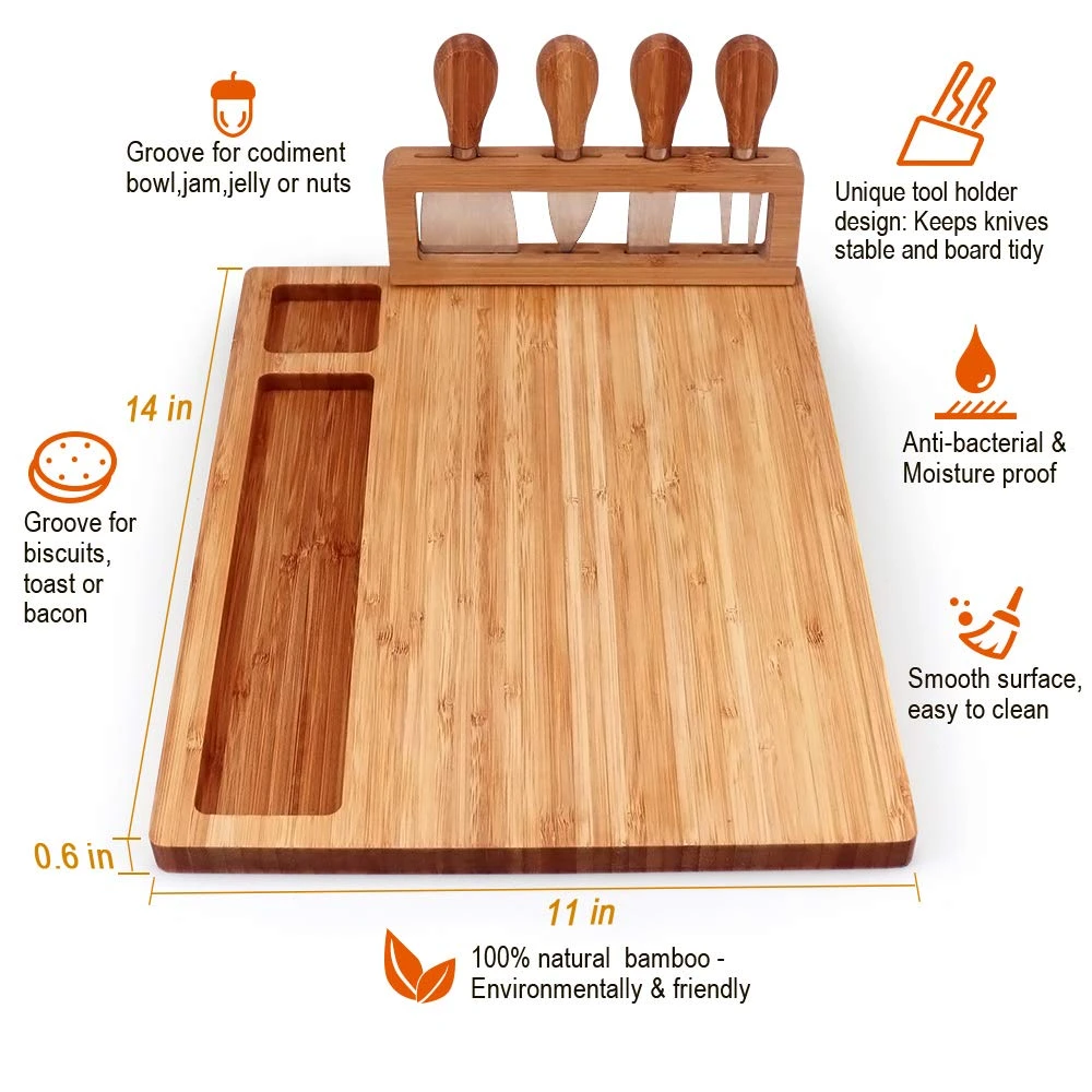 Bamboo Cheese Board Meat Charcuterie Platter Serving Tray Stainless Steel Knife Home Kitchen Food Server Plate Cutter
