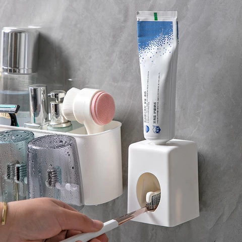 Bathroom Storage Box Rack Wall Mount Automatic Toothpaste Dispenser Toothbrush Holder