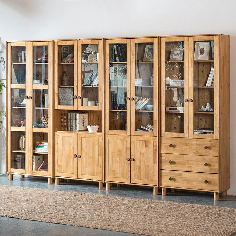 bookshelf dust-proof glass shelf floor cypress wood storage rack with door Solid wood bookcase