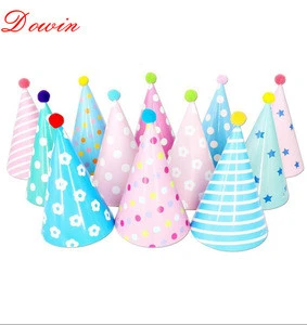 Boys and Girls Decorations Polka Birthday Plain Party Cone Pink Hats with Pom Poms