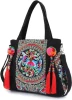 Casual Vintage Bohemian Canvas Handbag Embroidered Tassels Large Tote Shoulder Bag Preppy Rock Style Cotton Japan Cross Body