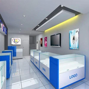 Cell phone showcase with mobile phone shop interior design