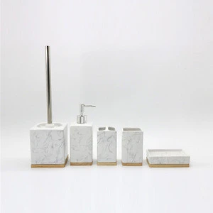 Ceramic bamboo marble effect bathroom 5 pcs set lotion dispenser tumbler toothbrush holder soap dish toilet brush holder
